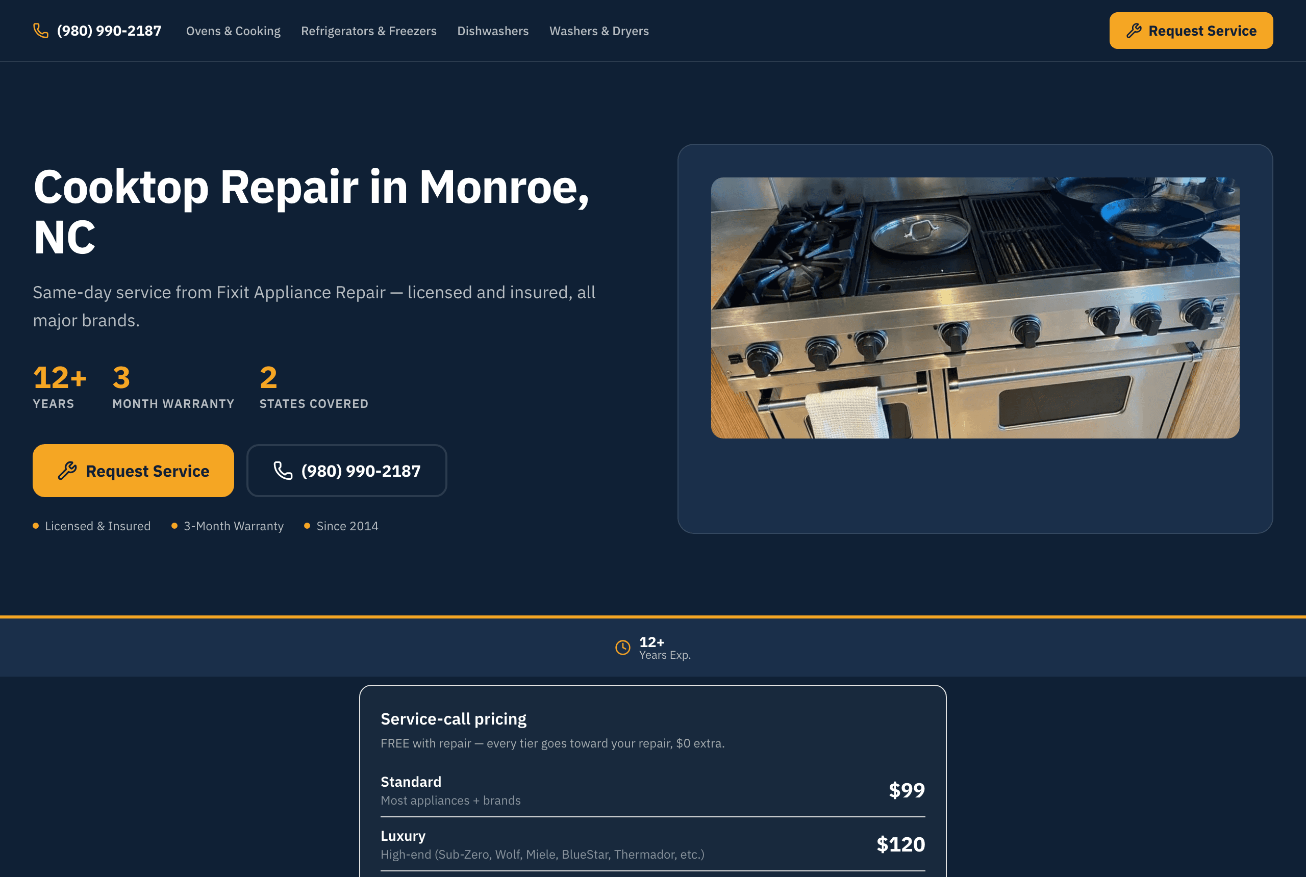 An auto-generated local SEO page — Cooktop Repair in Monroe, NC