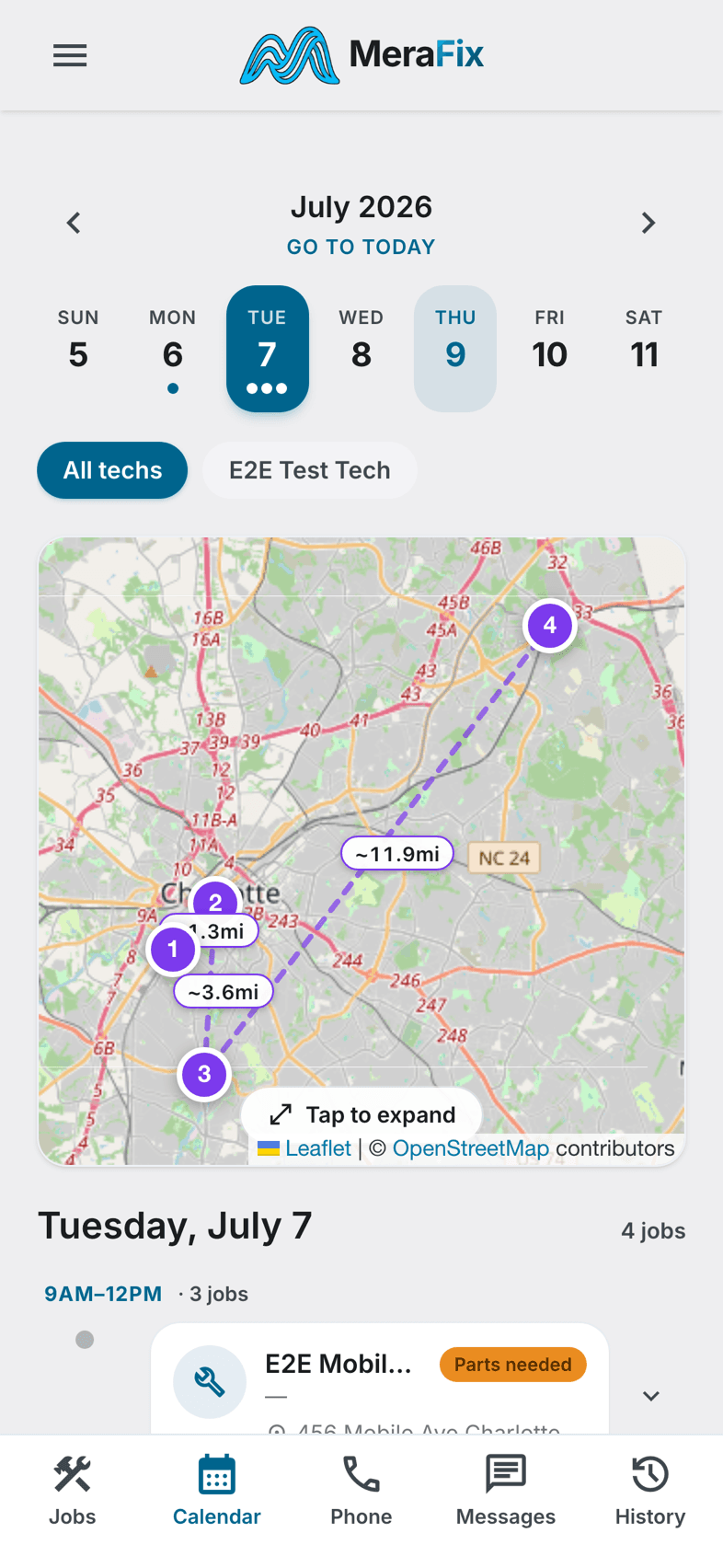 MeraFix technician app — calendar view