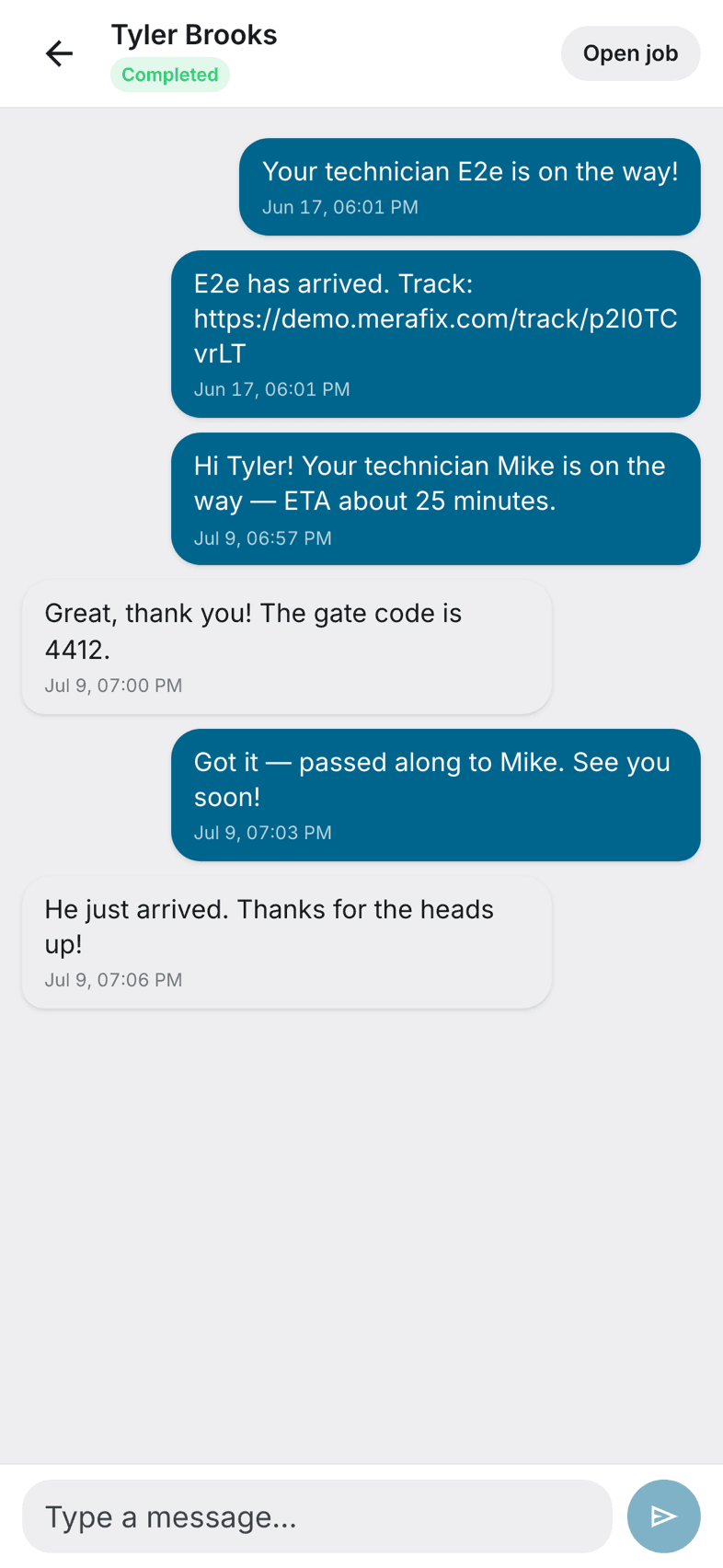 MeraFix technician app — messaging with the office