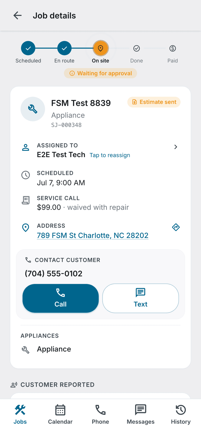 MeraFix technician app — job details with customer history and actions