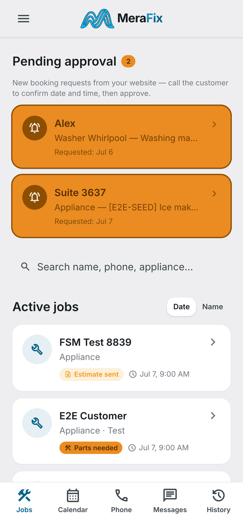 MeraFix technician app — day plan with jobs and time windows